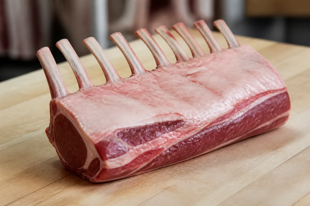 Carré d’agneau aux manches grattés posé sur un billot de boucher en bois clair