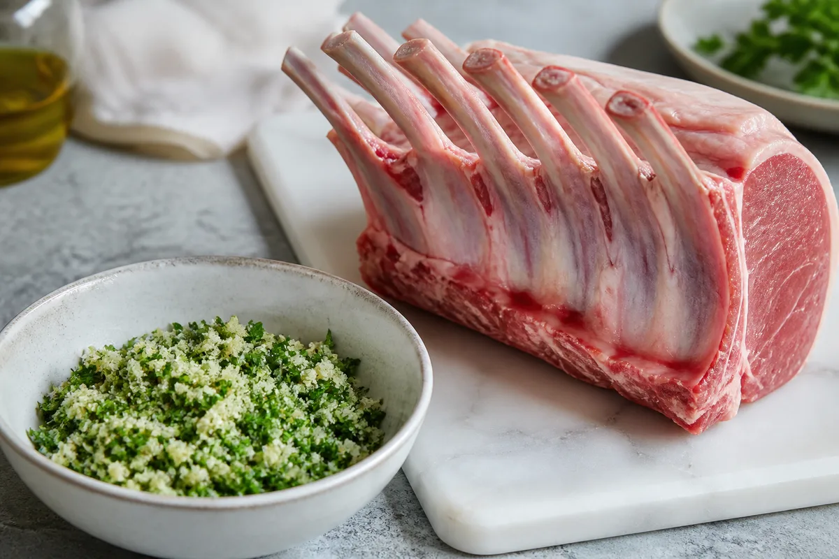 Croûte d’herbes au persil, ail et chapelure préparée dans un bol à côté d’un carré d’agneau