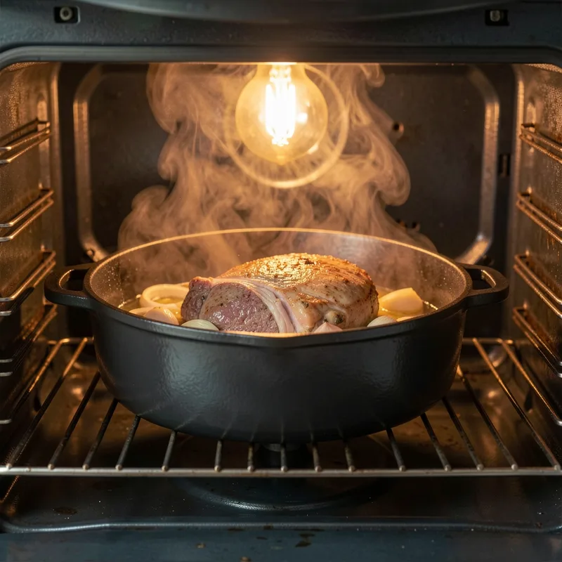 Épaule d&rsquo;agneau dorée dans une cocotte en fonte ouverte avec ail confit et jus de cuisson