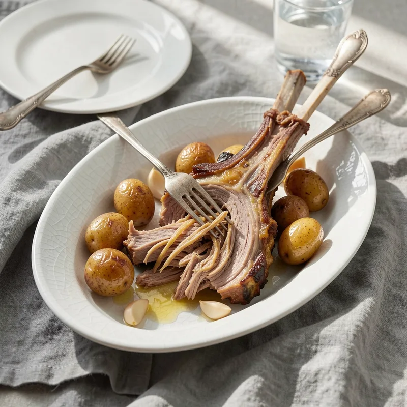 Épaule d&rsquo;agneau confite effilochée à la fourchette sur un plat de service avec pommes grenailles