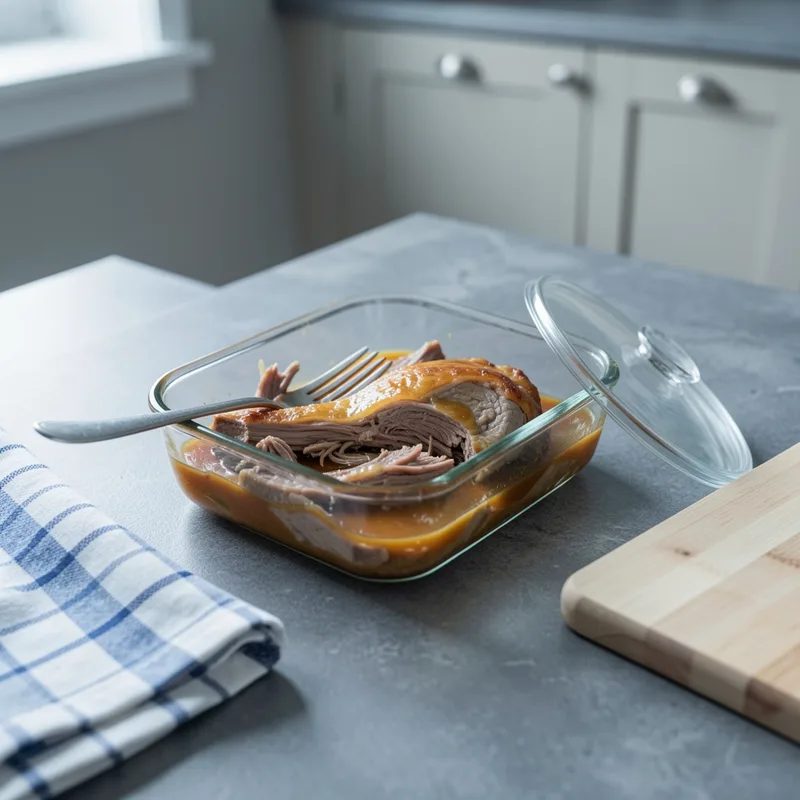 Restes d&rsquo;épaule d&rsquo;agneau confite effilochée conservés dans leur jus figé au fond d&rsquo;un plat en verre