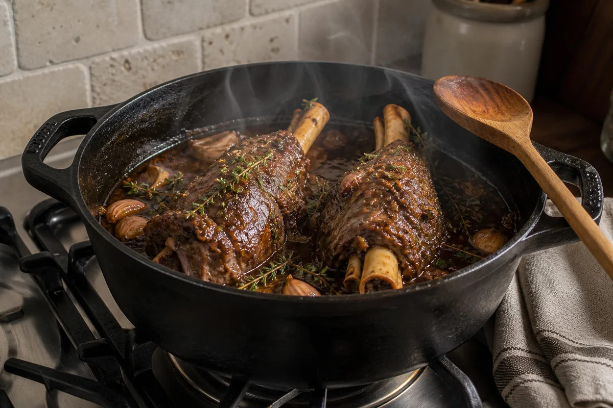 Souris d&rsquo;agneau braisées dans une cocotte en fonte avec ail et thym