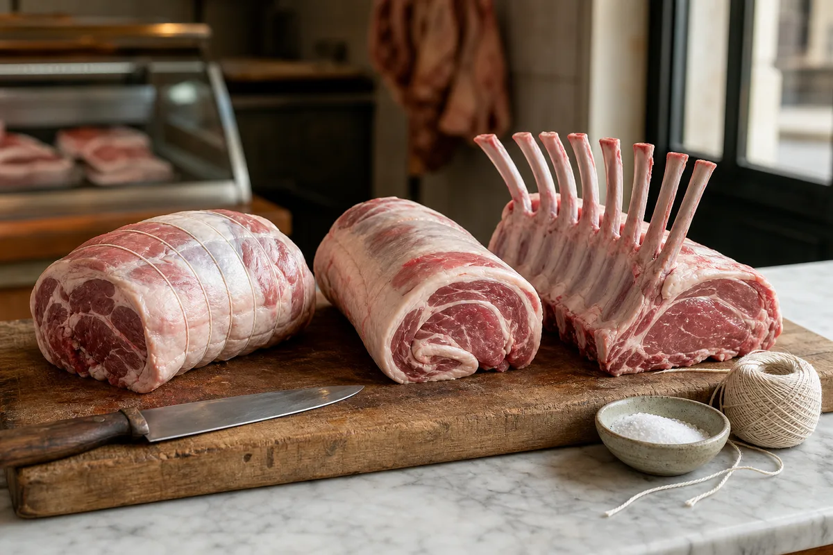 Épaule d&rsquo;agneau ficelée et poitrine roulée sur un billot de boucher en bois