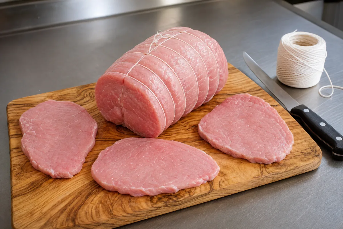 Rôti de quasi de veau ficelé et escalopes fines sur une planche de boucher