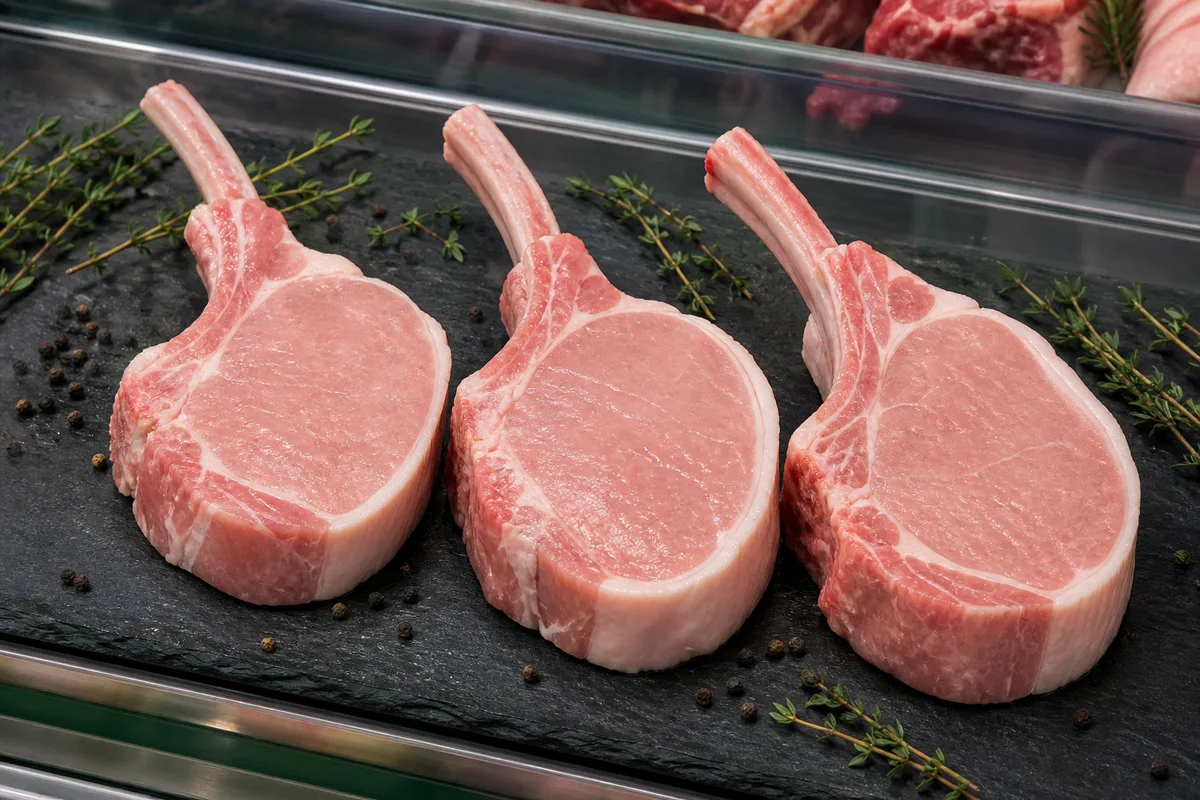 Côtes de veau épaisses présentées dans une vitrine de boucherie