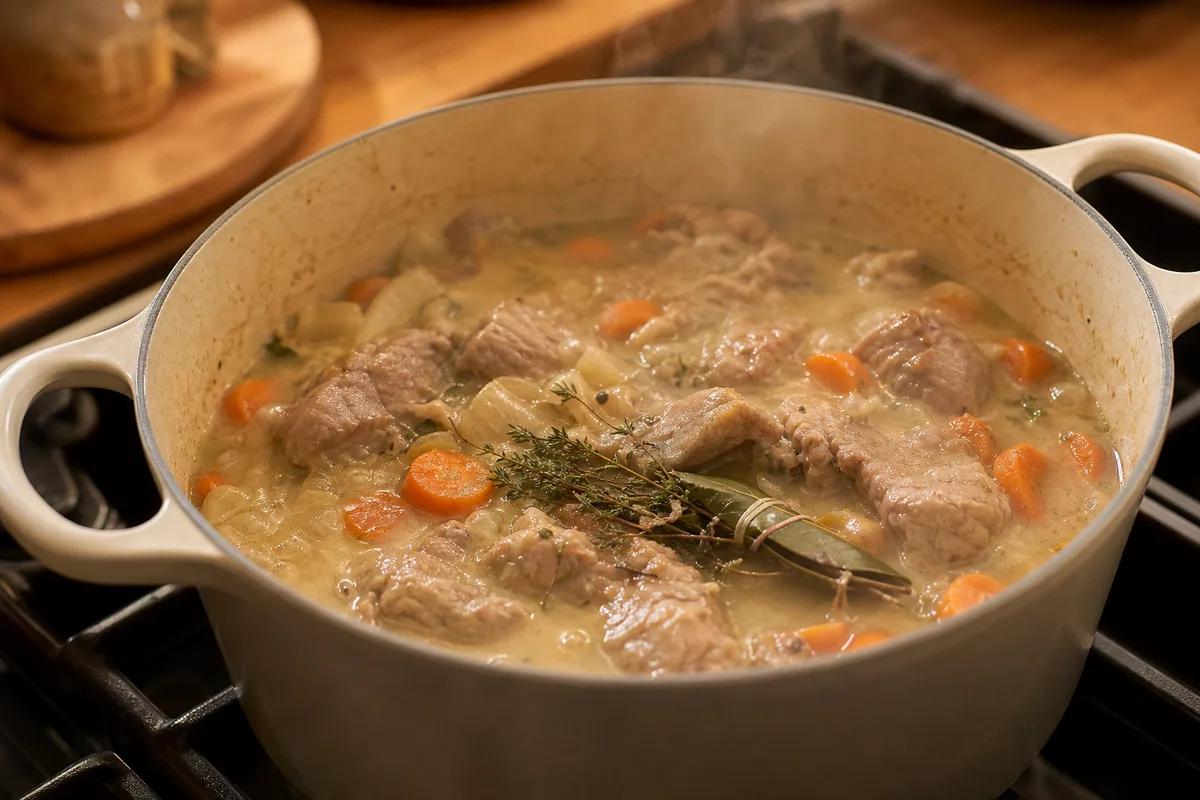 Sauté de veau et tendron mijotant à petit frémissement dans une cocotte en fonte